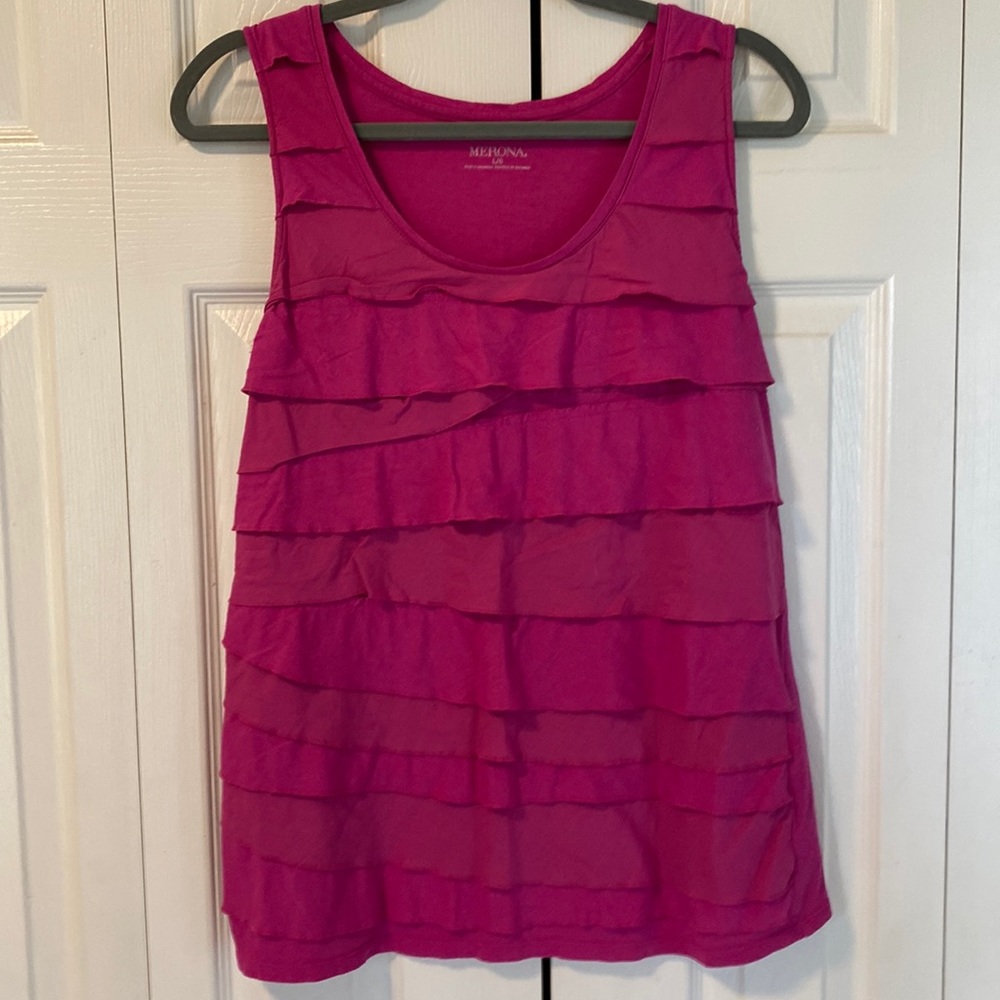 Merona pink tank top with ruffled front size large.